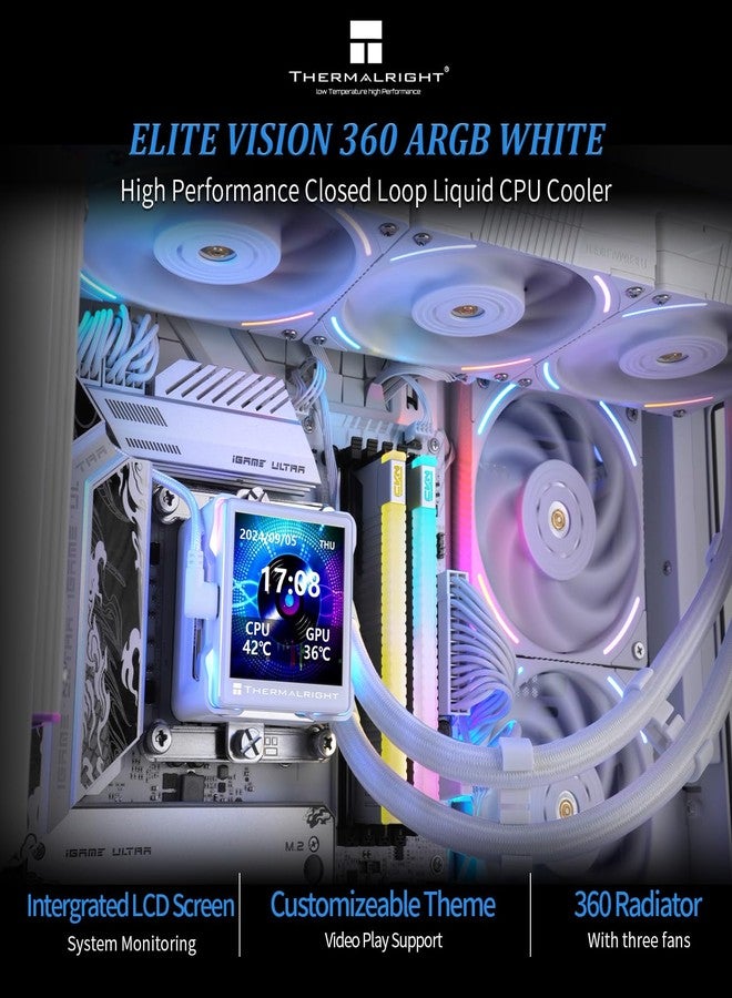 ثيرمالرايت مبرد المعالج Thermalright Elite Vision 360 ARGB أبيض، شاشة IPS LCD بدقة 320 × 320، متوافق مع معالجات AM5 و Intel 1700/1851، تبريد مائي عالي الأداء مع شاشة عرض بلورية سائلة قابلة للإزالة مقاس 2.73 بوصة - Image 2